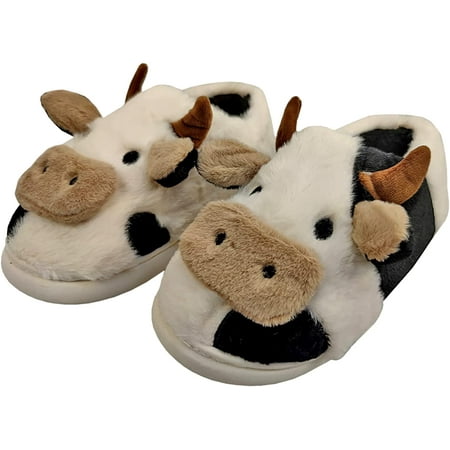 

PIKADINGNIS Cartoon Cow Fuzzy Slippers Winter Warm Wrap Heel Cotton Slippers for Women Girls