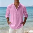 thumbnail image 6 of IROINNID Men Solid Slub Linen Blend Mandarin Collar Half Button Henley Shirt Roll Tab Adjustable Long Sleeve Loose Breathable Casual Vacation Pullover Top(Pink,M)Blouses & Tops, 6 of 9