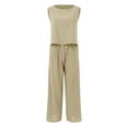 thumbnail image 6 of vigerkar Women's Summer 2 Piece Outfits Sleeveless Crop Top Capri Wide Leg Pants Jumpsuit Linen Lounge Beach Travel Sets Khaki, XXL, 6 of 9