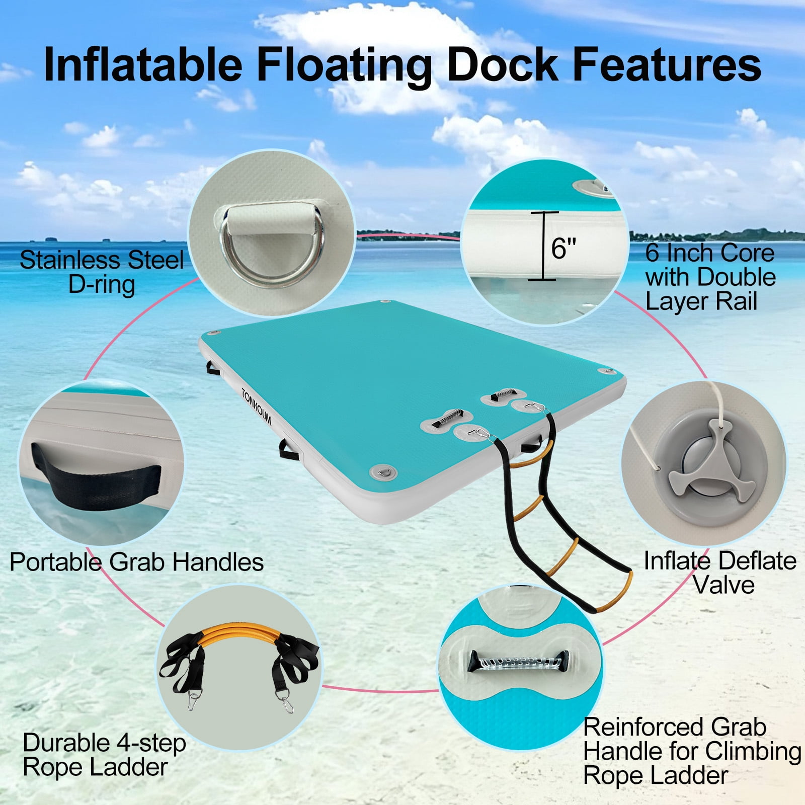 TONKOUM 8 x 5.25FT Floating Dock Inflatable Water Platform For Lake/Boat/Island/Pool (Lake Blue & Gray)