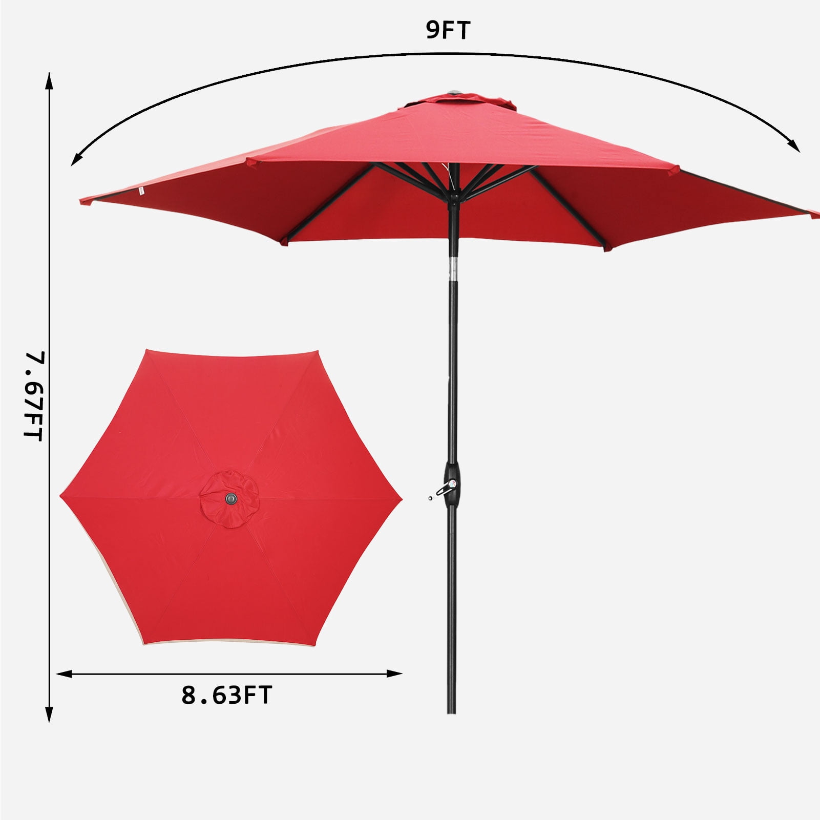 Autlaycil 9ft Outdoor Patio Umbrellas 6 Ribs with Tilt and Crank Patio Table Umbrella, for Patio Garden and Poolside-Red