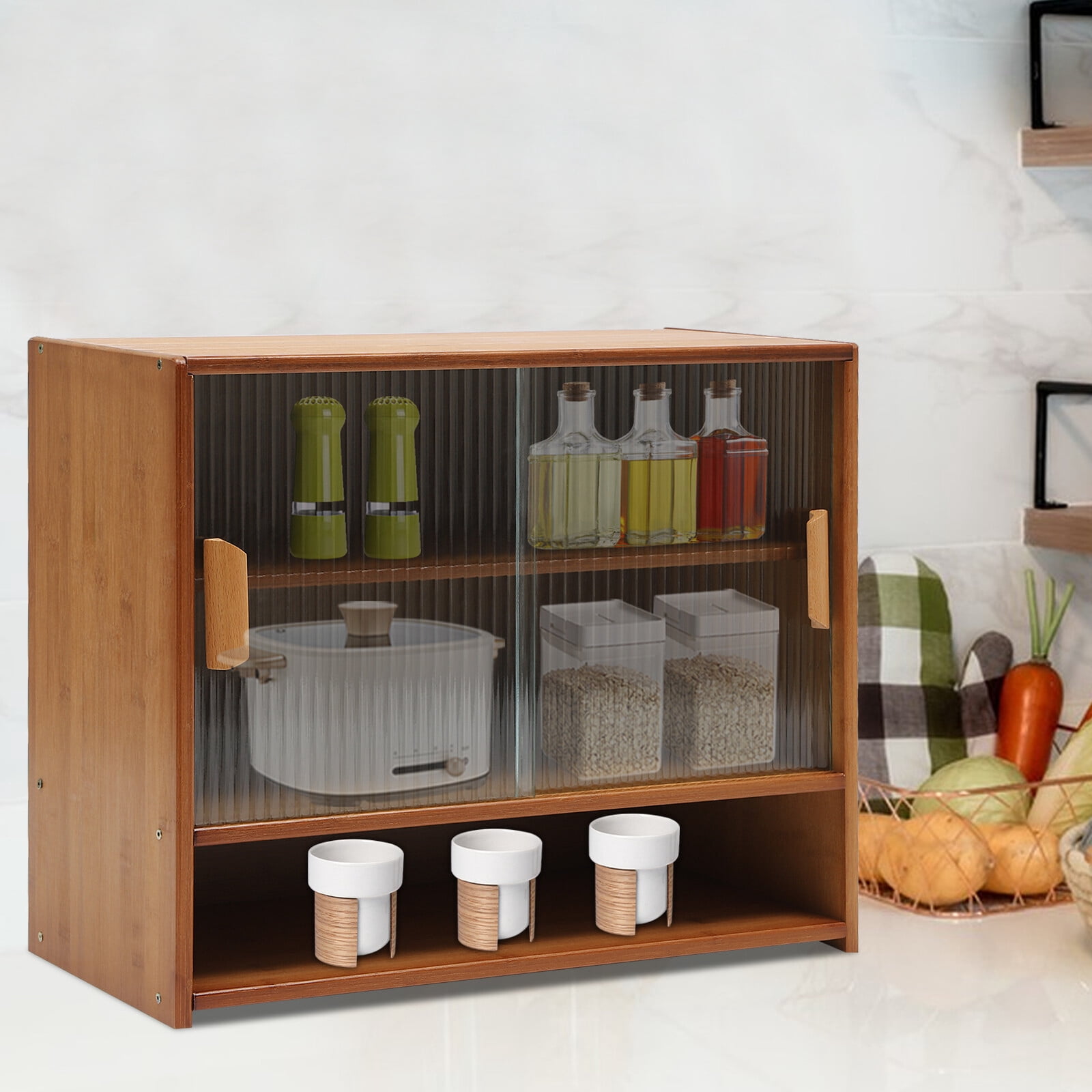 Kitchen Pantry Sideboard Bamboo Small Storage Cabinet Sliding Door Cupboard for Kitchens, Bathrooms