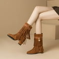 thumbnail image 2 of Lovzfmll Cowboy Boots for Women, Fringe Mid Calf Suede Metallic Chunky Heel, Round Toe Cowgirl Chelsea Boots Fall Brown Boots, 2 of 5