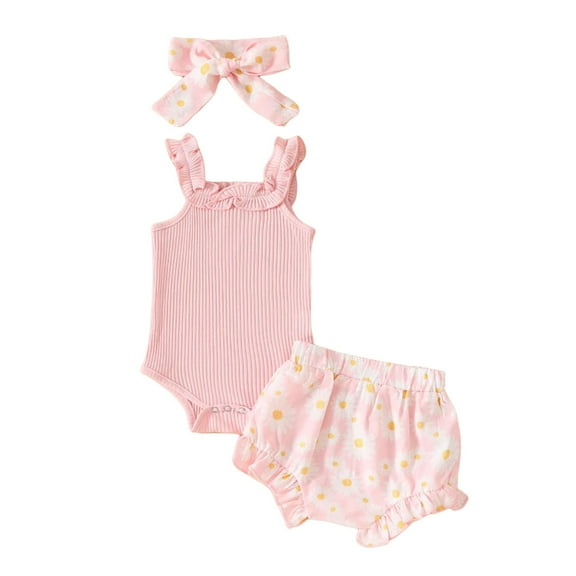 Gubotare Clothes Baby Girl Summer Clothes Rib Knit Romper Floral Cow Shorts Set Western Cowgirl Outfit 0 3 6 9 12 18 24 Months (Red,Size 6-12 Months)