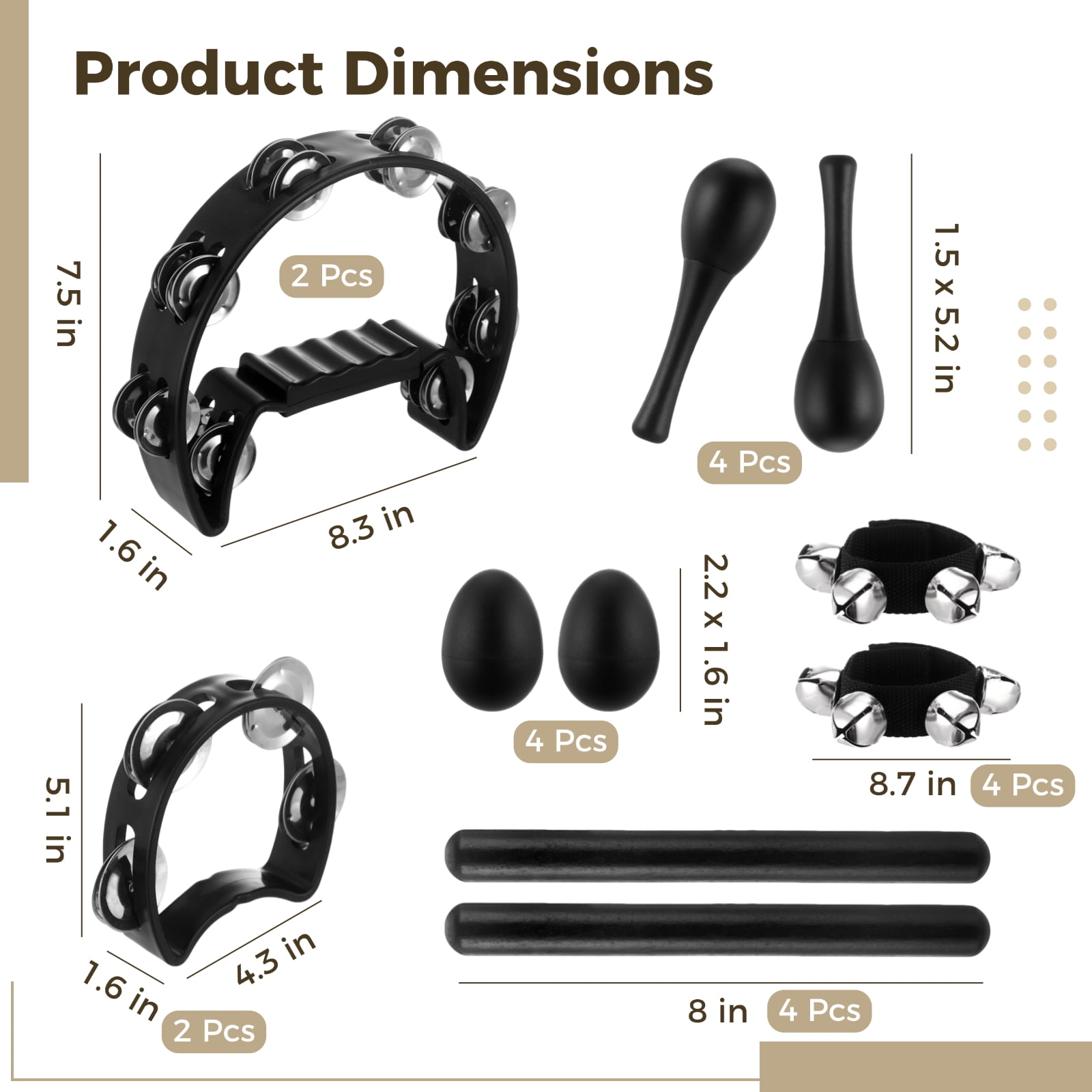 20 Pcs Musical Percussion Instrument Set with Large Tambourine, 4-Bell Tambourine, Maracas, Egg Shakers, Percussion sticks, and Wrist Jingle Bells, Black Plastic Instrument for Bar, Party, Stage