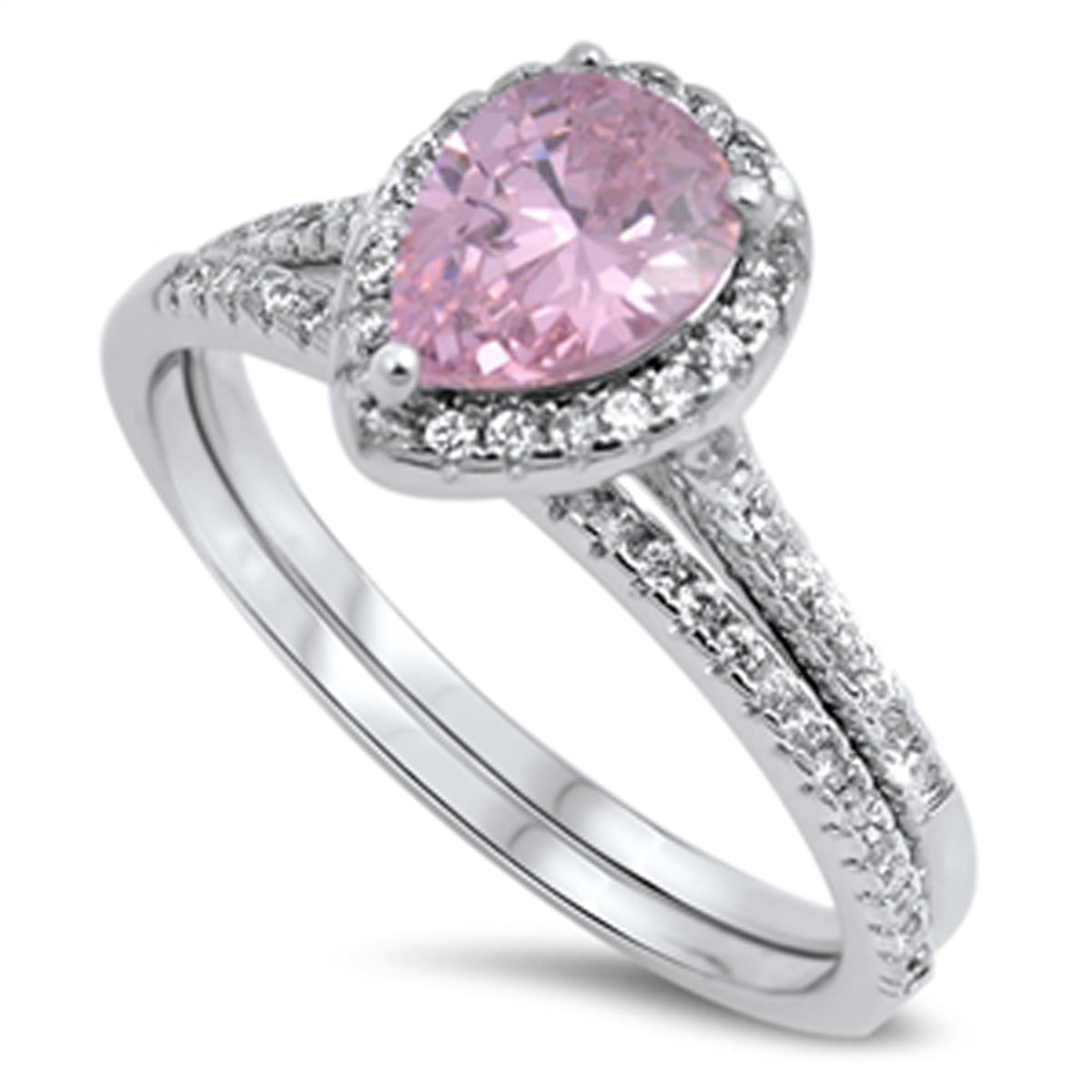 Women Created Pink Sapphire Sterling Silver Wedding Bridal Ring Set Size 5-10 