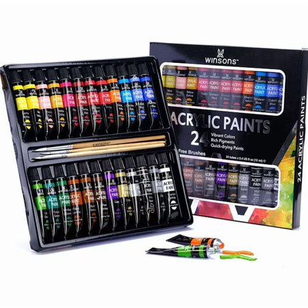 WINSONS 24 Colors Acrylic Paint Set with 3 Bonus Brushes (12 mL/ 0.4 oz Tubes), Premium Art Painting Supplies for Kids, Students, and Adults