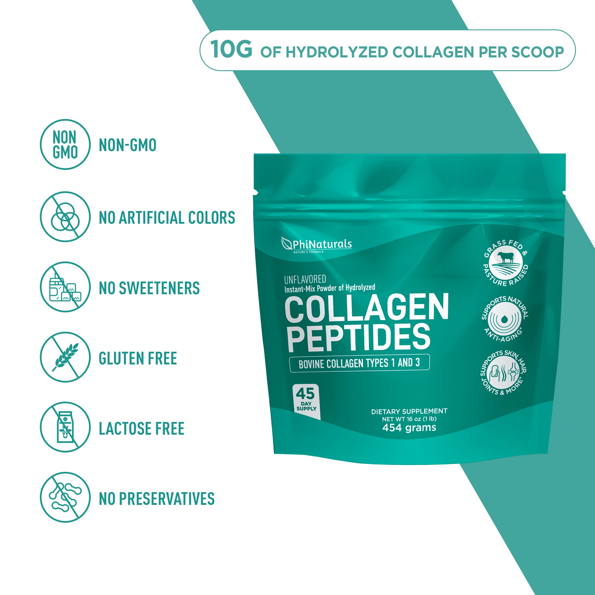 PhiNaturals Hydrolyzed Collagen Peptides Powder Unflavored – Grass Fed Bovine Collagen Protein Supplement for Women & Men – Supports Skin, Hair, Nails, Joints & Bones – Type I & III Collagen