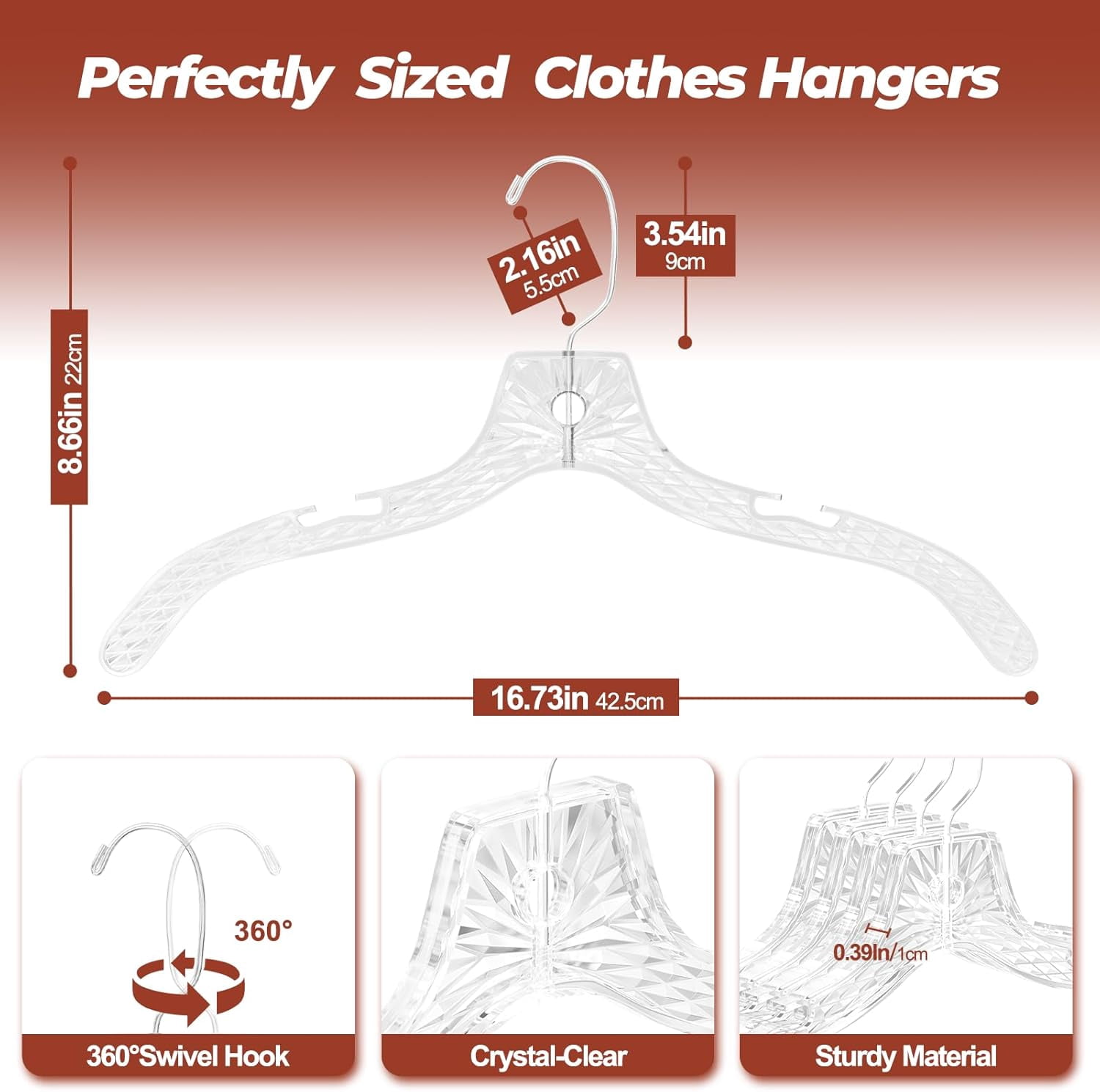UEAKPIC Clear Crystal Plastic Hangers with 360 Degree Rotatable Hook for Shirt, Coat, Dress 25 Pack
