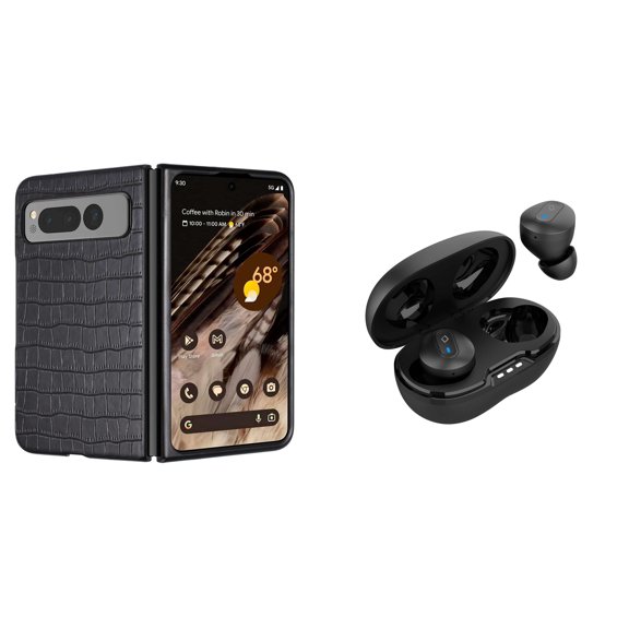 Bemz PU Leather Snap-On (Black) Phone Case for Google Pixel Fold with Noise-Cancelling Wireless Earbuds with Charging Case