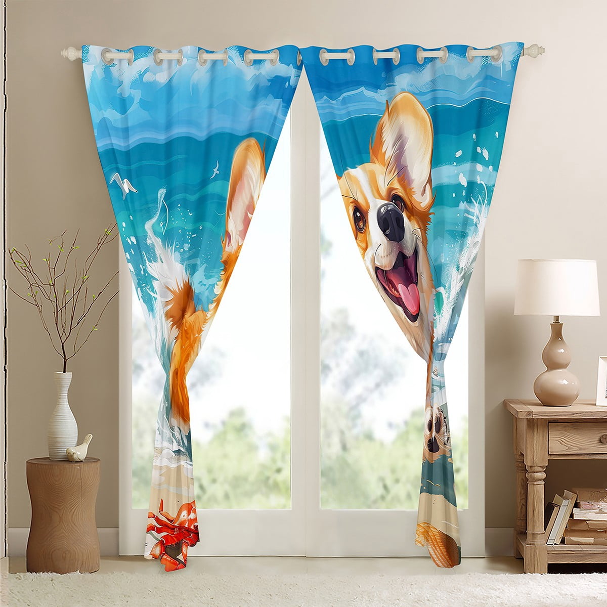 Lot De 2 Rideaux Occultants Corgi - Motif Chien Mignon, Isolation Thermique Et Phonique - 75x166 Cm, œillets Inox - Pour Chambre, Salon