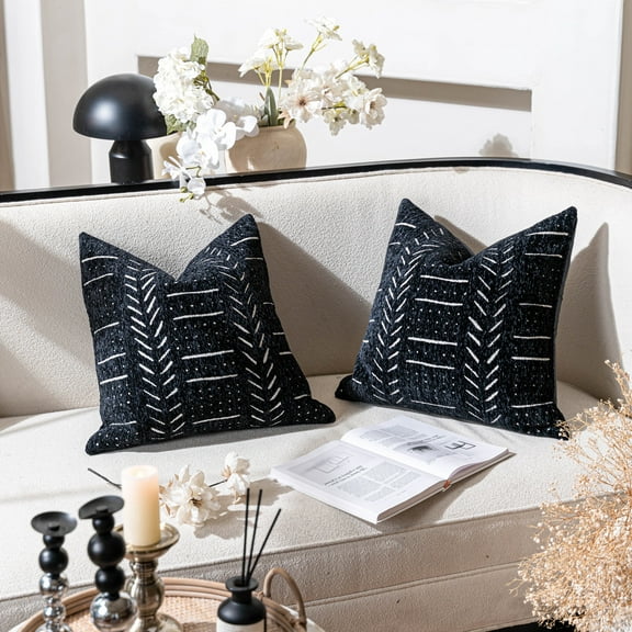 BlissBlush Black Decorative Throw Pillow Covers 20X20, Set of 2, Boho Farmhouse Cushion Cover, Cozy Soft Accent Pillowcase for Couch Sofa Bed Living Room Home Décor