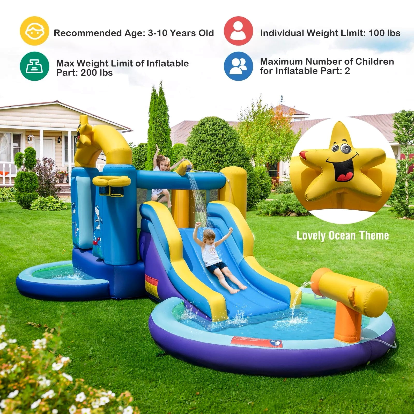 Auranook Kids Inflatable Water Slide Park Bounce Castle w/ 50 Ocean Balls & 735W Blower