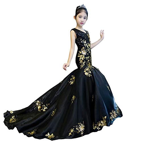Mermaid Pageant Dresses Girls V Neck Cap Sleeve Special Occasion Dresses Kids Flower Girl Dress Black Gold 2