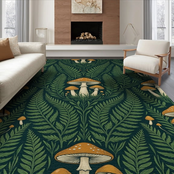 ODIKA 8'x10' Washable Area Rug Dining Under Mushroom Botanical Forest Toadstool Motifs Table for King Size Bedroom Bed, Master Suite, Non-Shedding, Easy Care