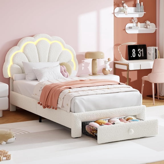 Twin Size Bed Frame for Velvet Upholstered Headboard with 2 Storage Drawers Princess Style Platform Bed Wood Slats No Box Spring Needed Easy Assembly,Beige