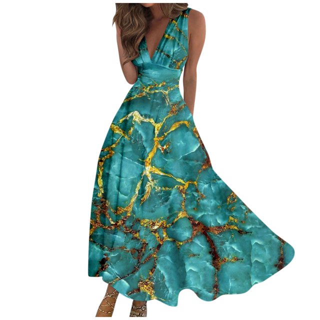 Robes d'Été pour Femmes, Jolies Robes Décontractées à Fleurs à Col en V Sans Manches, Robes Maxi, Robes Fluides pour Femmes