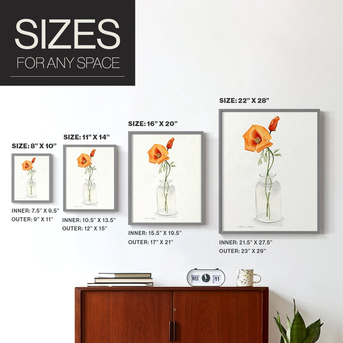 California Poppy Vase I Framed Print in Gray Solid Wood Framed Print No Nail Hanging