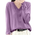 thumbnail image 3 of Fartey V Neck Knitted Sweaters for Women Loose Fit Long Sleeve Pullover Sweater Elegant Solid Color Sweaters Cozy Warm Jumper Tops Purple 2XL, 3 of 4