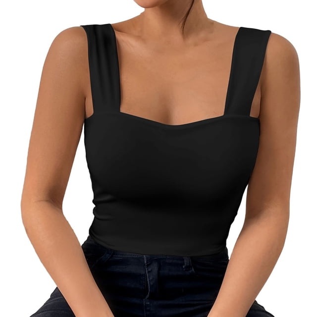 Camiseta sin mangas ajustada con tirantes anchos para mujer: camiseta sexy sin mangas de punto, mezcla de poliéster para el verano