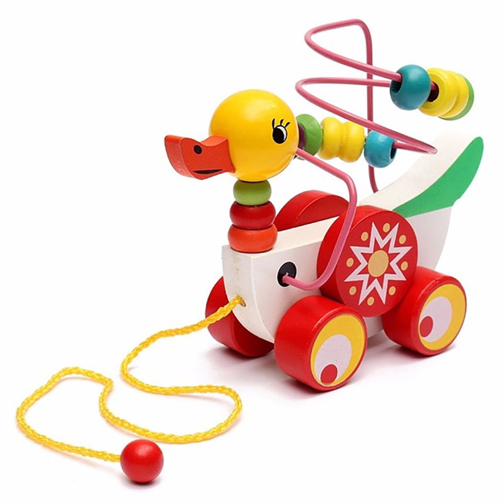 SANWOOD Pull Along Toy Colorful Wooden Pull Walk Along Duck Toy Bead