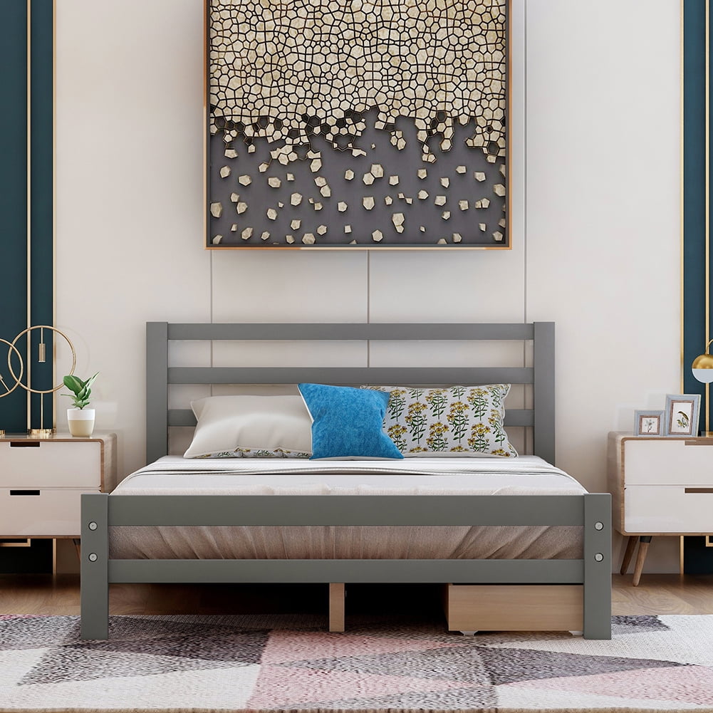 Resenkos Wood Platform Bed with 2 Drawers and Foot Board,Full,Gray Resenkos Wood Platform Bed with 2 Drawers and Foot Board,Full,Gray