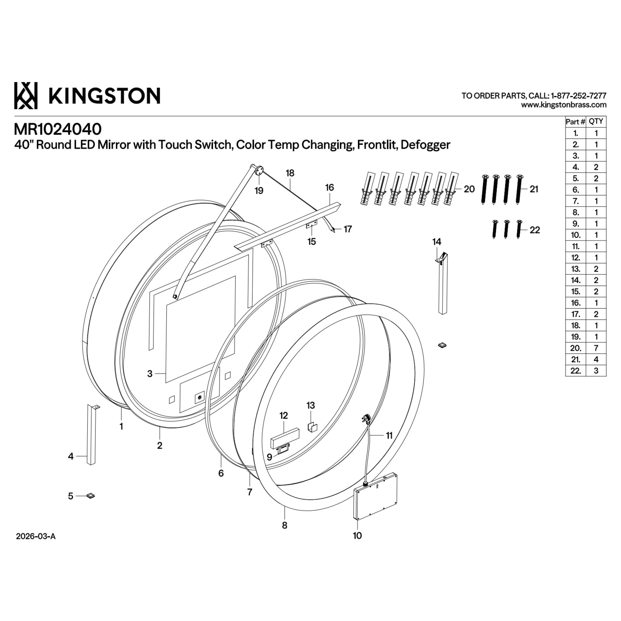 Kingston Brass MR1024040 Aurora 40-Inch Round LED Bathroom Mirror, Front Light, Anti-Fog, Dimmable Touch Sensor Lighted Mirror in Silver/Matte Black