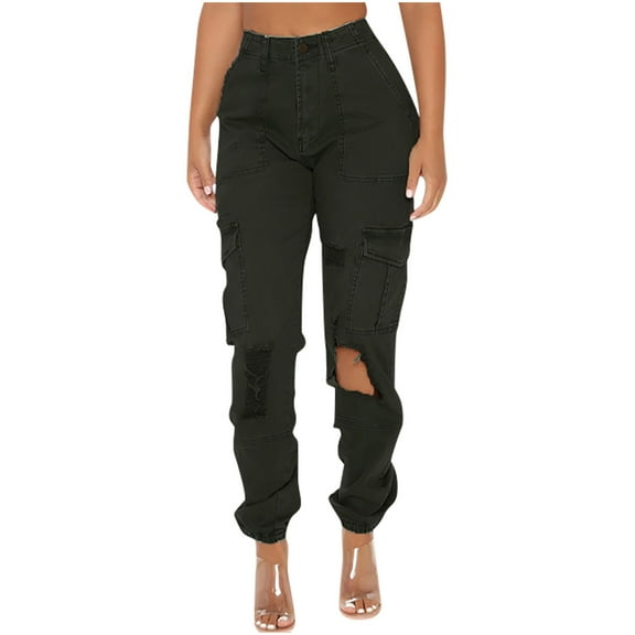 LLYwey Womens Lightweight Pants Women's Fashion Denim Button Zipper High Waist Pockets Jean Camouflage Long Pants Linen Cropped Pants Female Long Pant Style H1204 Black S