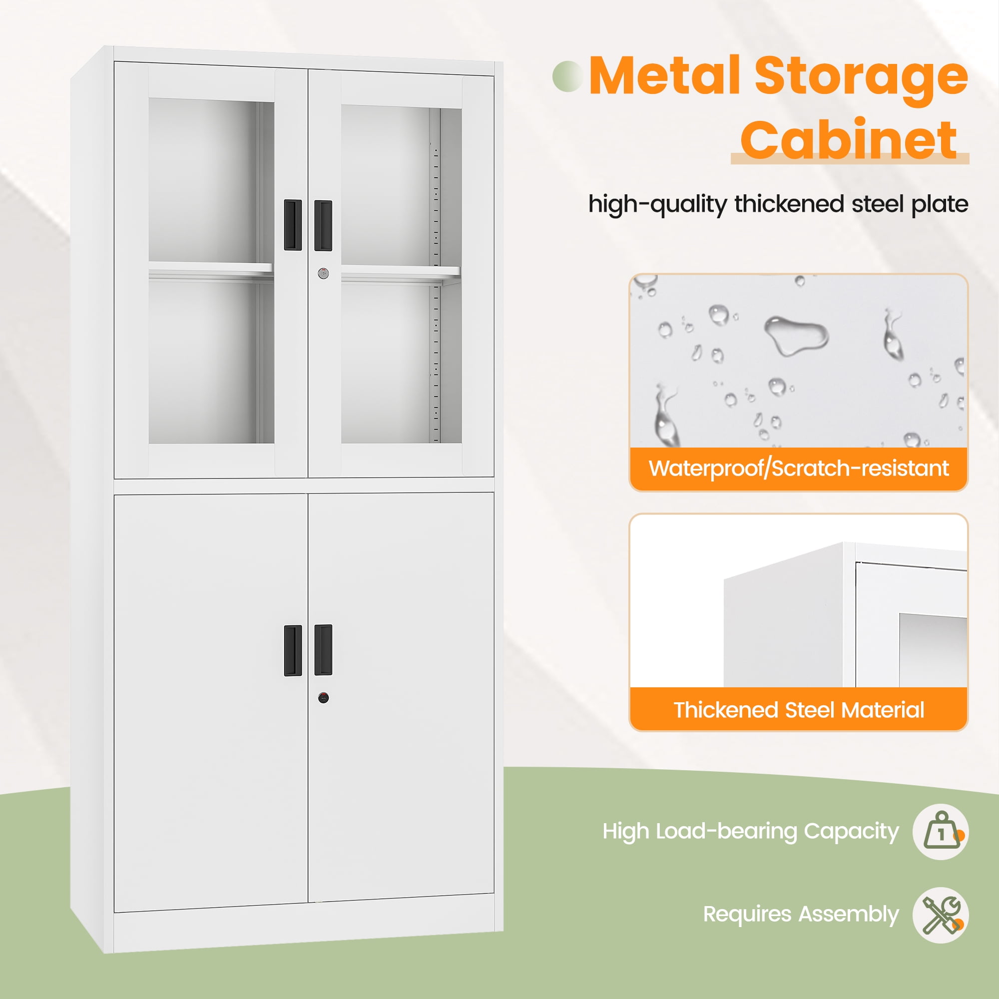 STANI Heavy Duty Metal Cabinet with Lock, Tall Office Storage Cabinet with Glass Door, Lockable White Steel Cabinet with 2 Adjustable Shelves for Home, Clinic, Pantry, Basement