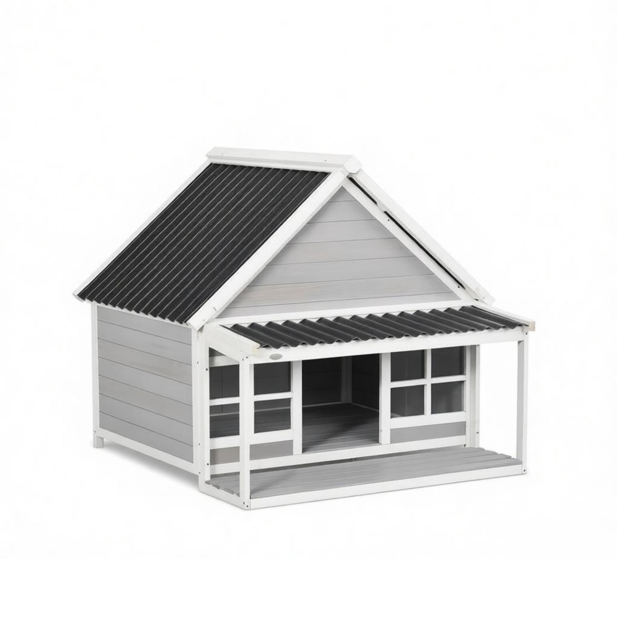 Wooden Dog House with Porch, Outdoor Weatherproof Dog House with Tilt Roof, Front Door and Windows, for Medium and Large Sized Dogs