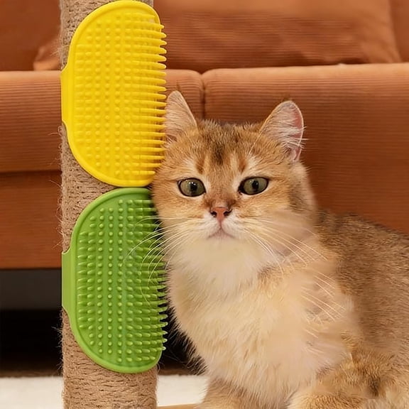 4-Pack Silicone Cat Brush Set, Pet Scratcher and Massager – Adjustable Pet Deshedding Brush, Bath Brush for Cats and Dogs, Suitable for Furniture Legs & Corners (4PCS (2 Yellow 2 Green))