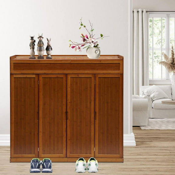 Multi-Layer Bamboo Shoe Cabinet Entryway Shoe Storage Rack Shelf with Storage Compartments 4 Folding Door Slippers Heels Boots Organizer for Hallway Living Room Bedroom Office, Brown