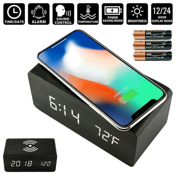 Wooden Alarm Clock with Qi Wireless Charging Pad Compatible with iPhone Samsung Wood LED Digital Clock Sound Control Function, Ti