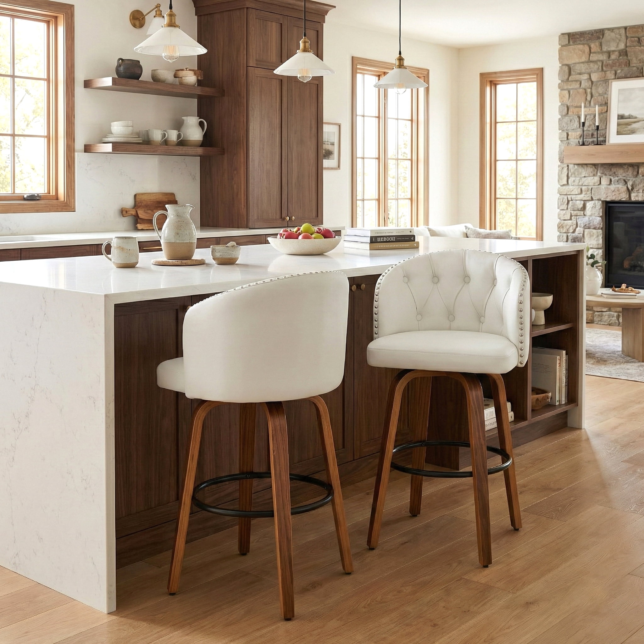Fahomiss 28" Swivel Bar Stools with Back Set of 2, Leather Farmhouse Bar Height Stools, White
