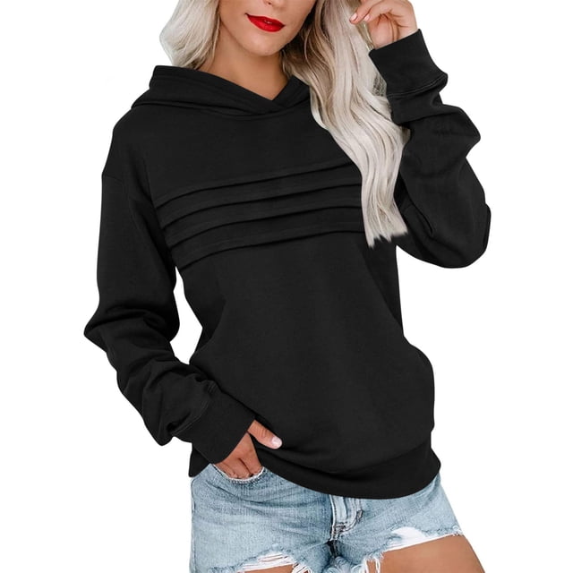 BLVB Womens Fall Hoodies Long Sleeve Sweatshirt Loose Fit Pleated Front Pullover Tops Fall Fashion