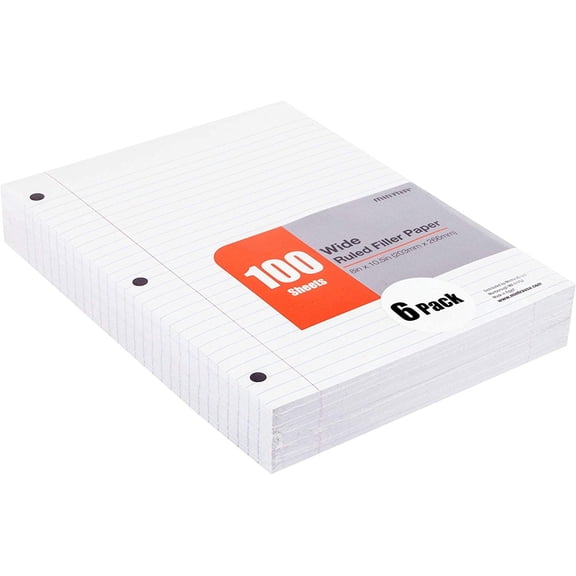 Filler Paper 600 Sheets (6pks of 100) - Wide Ruled (8n x 10in) - 3 Hole Punched for Ring Binders