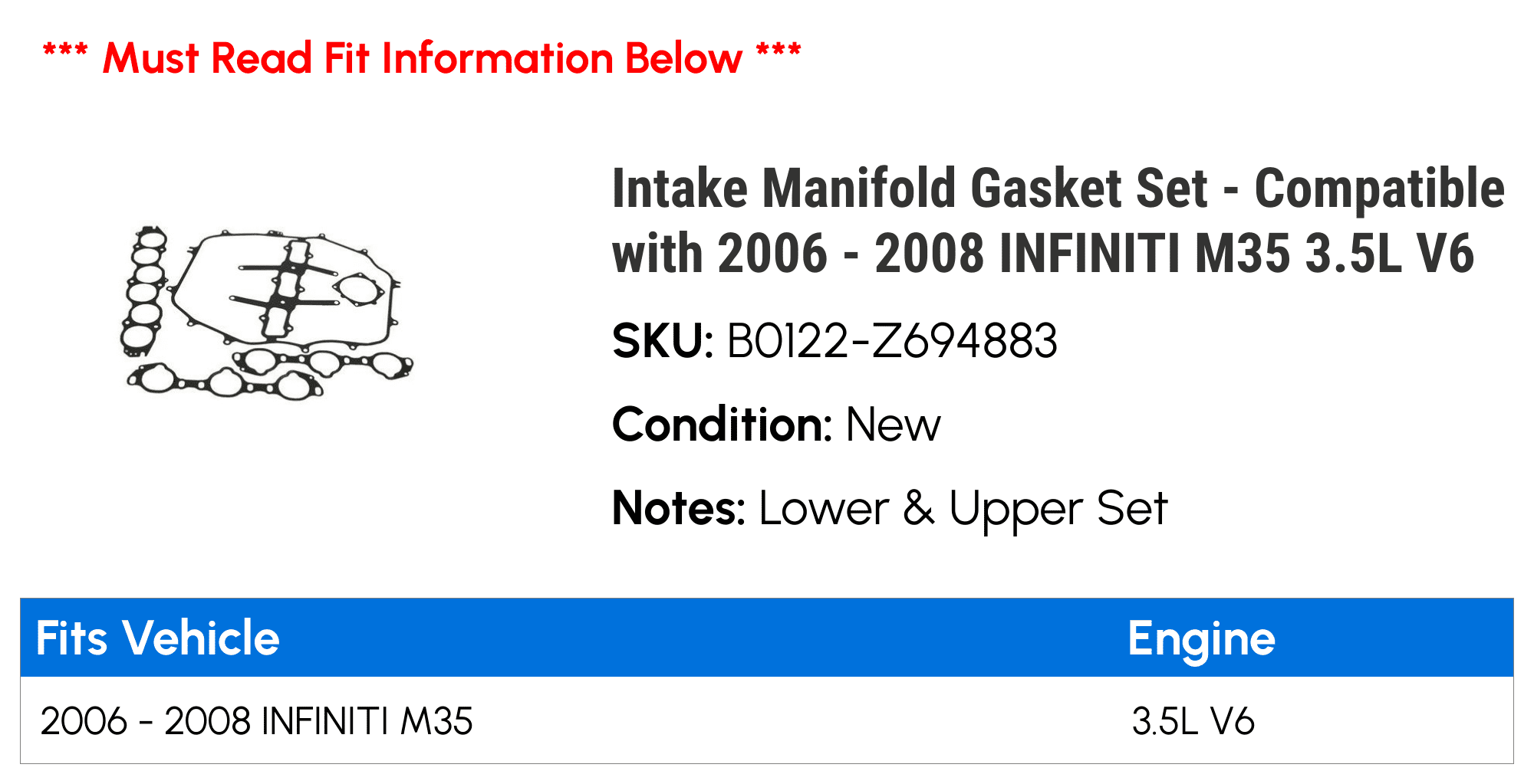 Intake Manifold Gasket Set - Compatible with 2006 - 2008 INFINITI M35 3.5L V6 2007