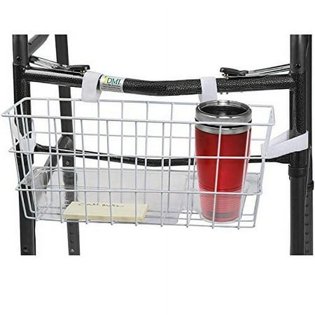 HealthSmart Universal Walker Storage Basket with Plastic Insert Tray and Cup Holder, No Tools Needed, White