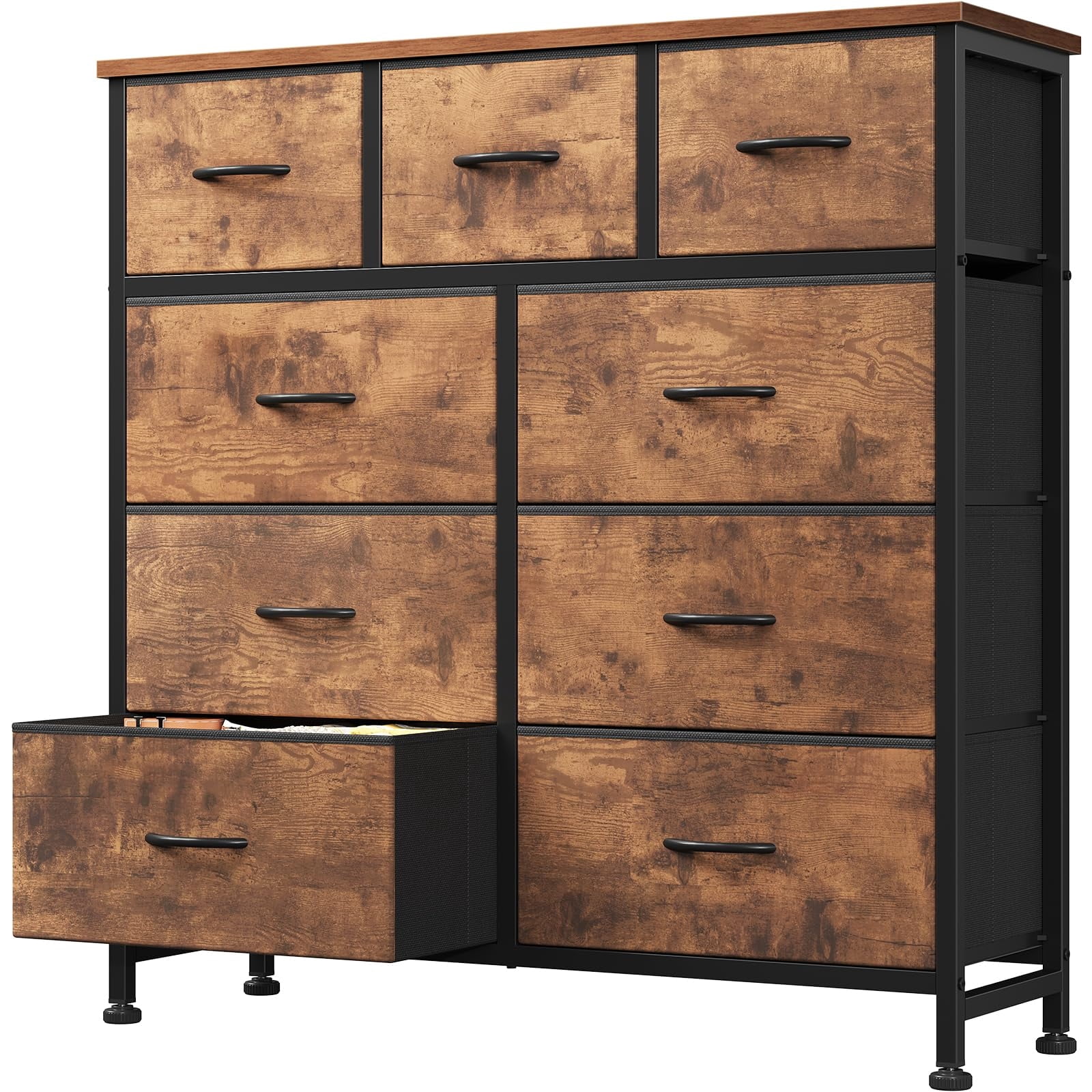 Telyra 9-Drawer Fabric Dresser Tall Storage Tower with Wood Top and Steel Frame Bedroom Closet Organizer, Rust
