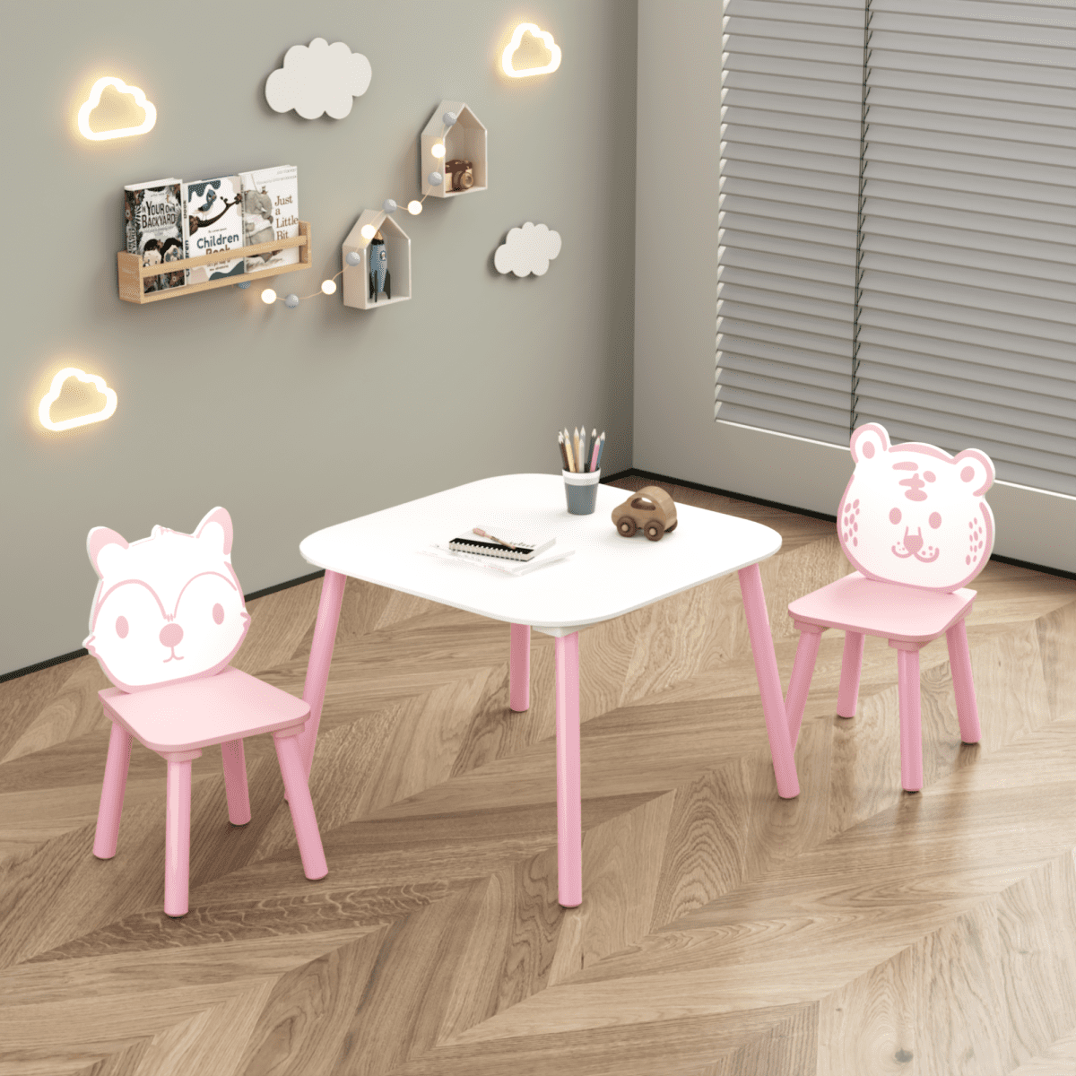 3 Piece Pink&White Wooden Kids Table and Chair Set   Animal Backrest Toddler Desk for Drawing  Learning  Playroom & Nursery