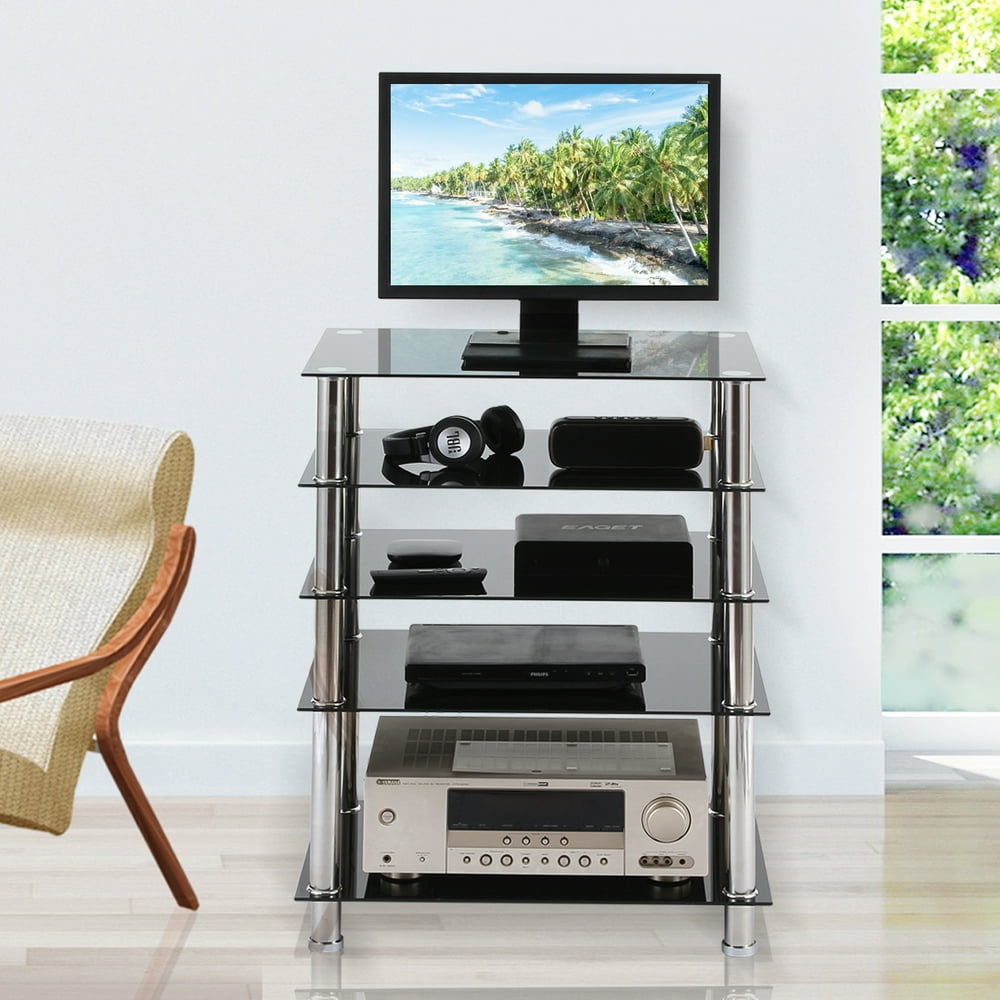 Modern 5Shelf Media Tower Component TV Stand Audio Glass Shelf