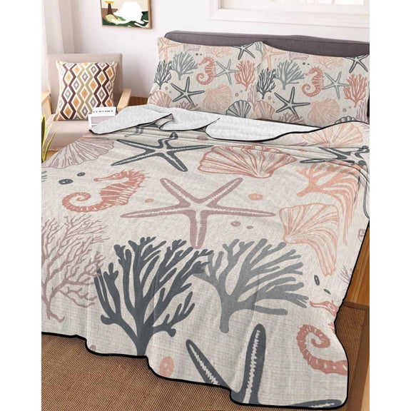 Coral Pink Grey Coastal Queen Size Down Alternative Comforter,Lightweight Comforter Quilt Bedding Set with Pillow Shams Summer Beach Starfish Coral Nautical Rustic Bed Comforter Duvet Insert 90"x96"