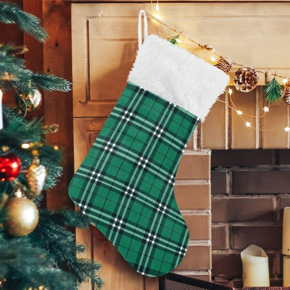 Ryvnso Christmas Stockings Green Checkered Pattern Plaid 17.7" Large Stocking Decoration 1 Pack