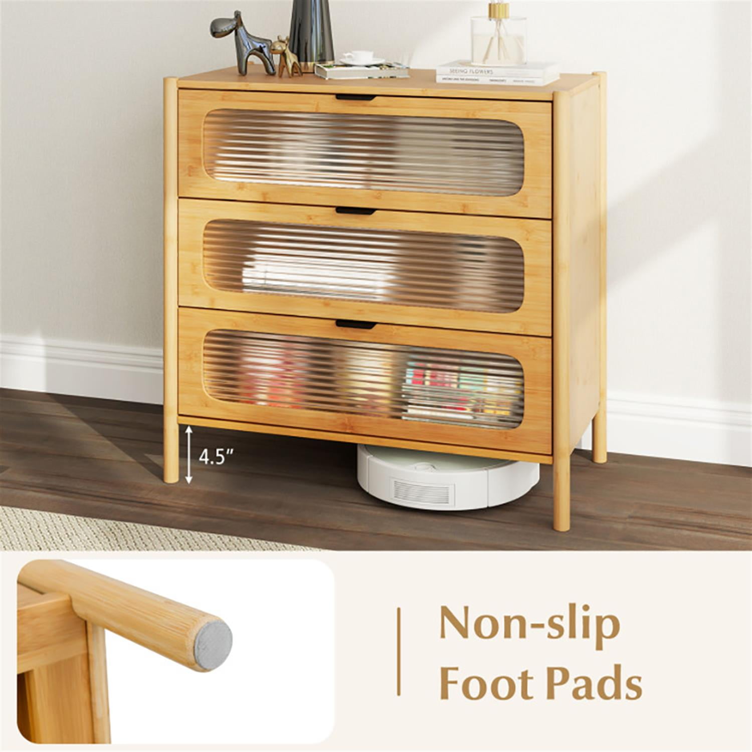 Demi Bonn 3 Drawer Dresser for Bedroom, Modern Storage Cabinet with Reeded Tempered Glass Front, Bamboo Chest of Hallway, Entryway, Beige