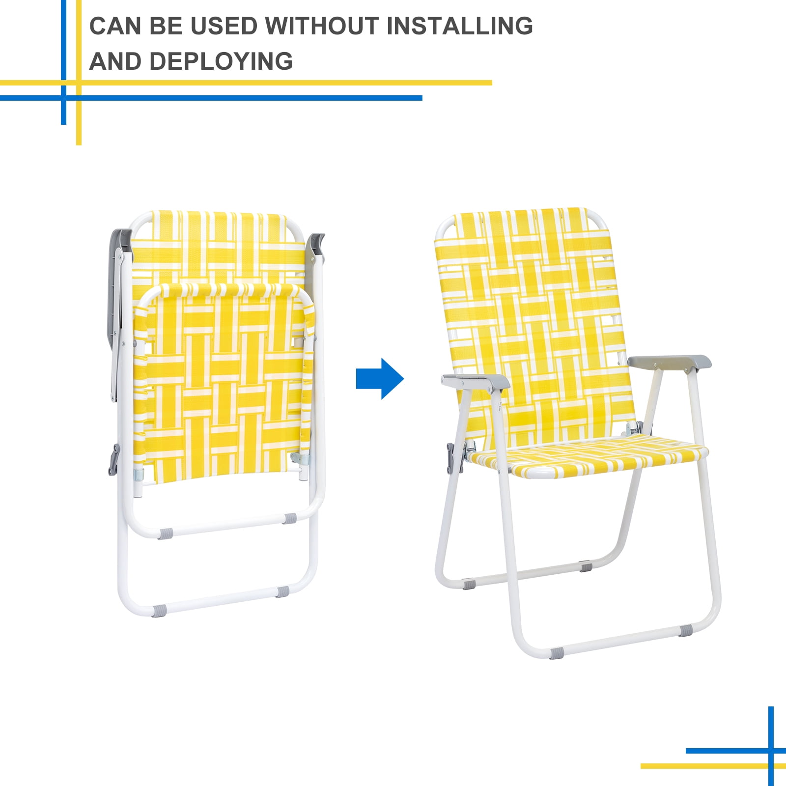 Winado Lawn Chair Set Patio Folding Web , 2 Pack Outdoor Beach Chair Portable Camping Chair  Yellow