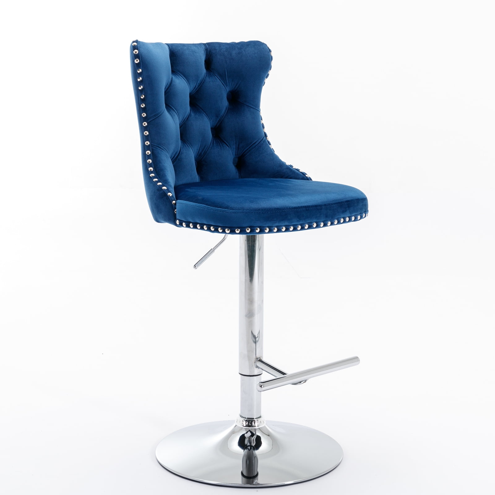 MAYEERTY Swivel Velvet Barstools - Adjustable Seat Height 25-33 Inch, Chrome Base, Tufted Backs, Blue, Set of 2