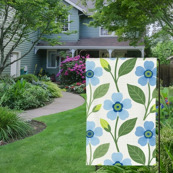 Spring Summer Garden Flag Double Sided Blue Mughal Flower Chinoiserie Style Linen Welcome Yard House Outside Outdoor Decoration,12*18 inch