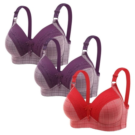 Clearance TOUMENY Sports Bras for Women Nude Bra 3PC Women Plus Size Lace Stitching Plaid Printing Non-Steel Ring Non-Magnetic Buckle Underwear Bra