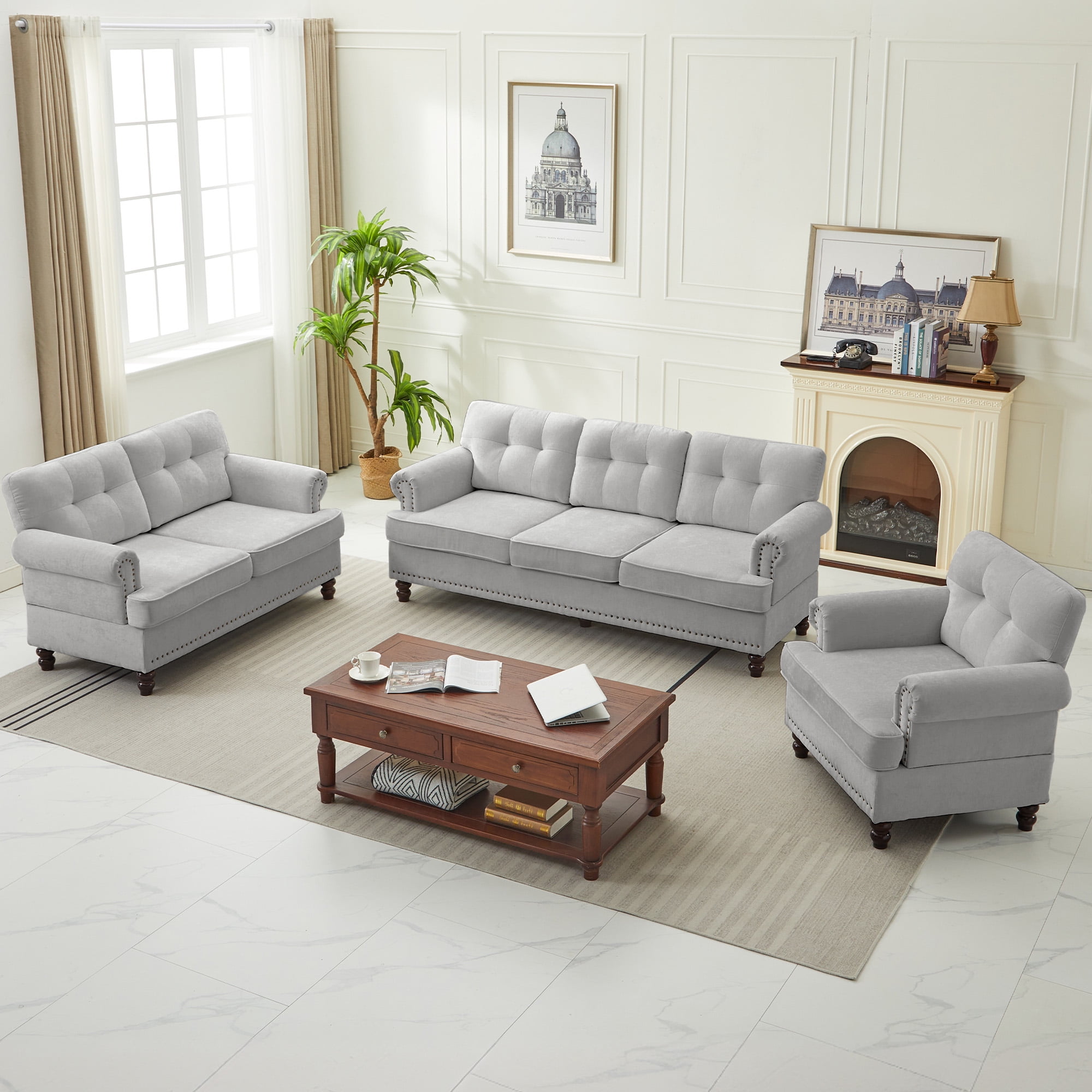 JUSTLET 3 Piece Living Room Sofa Set, Chenille Upholstered Sectional Sofa Couch with Nailhead Trim, Including 3-Seater Sofa, Loveseat and Single Sofa Chair for Apartment Living Room, Light Gray