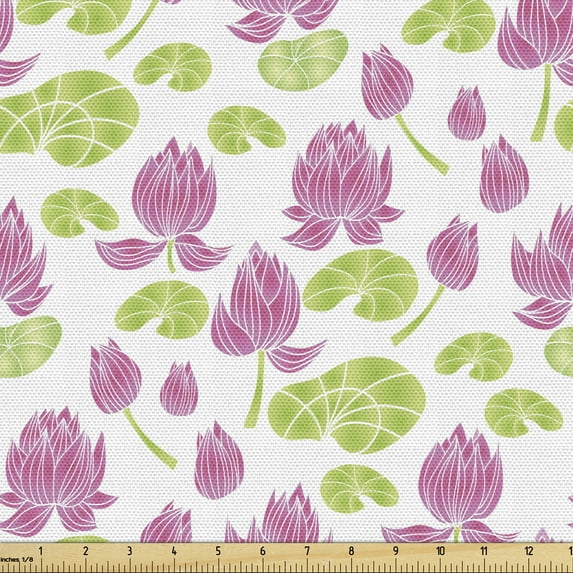 Floral Fabric by the Yard Upholstery, Rhythmic Tropical Lotus Flowers Motifs Pattern on Plain Backdrop, Decorative Fabric for DIY and Home Accents, White Pink and Shamrock Green by Ambesonne